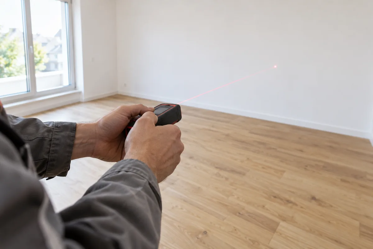 Mains d&rsquo;un professionnel mesurant une pièce vide avec un télémètre laser