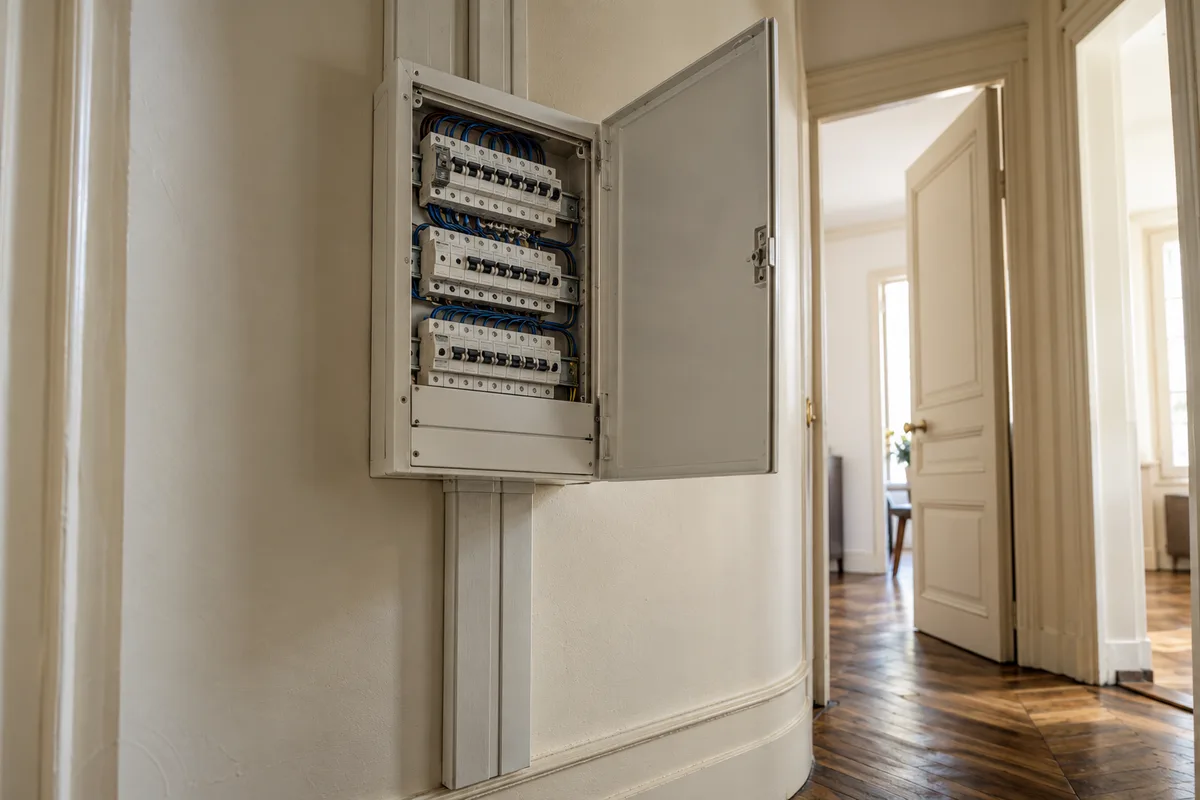 Tableau électrique ouvert dans le couloir d&rsquo;un logement ancien