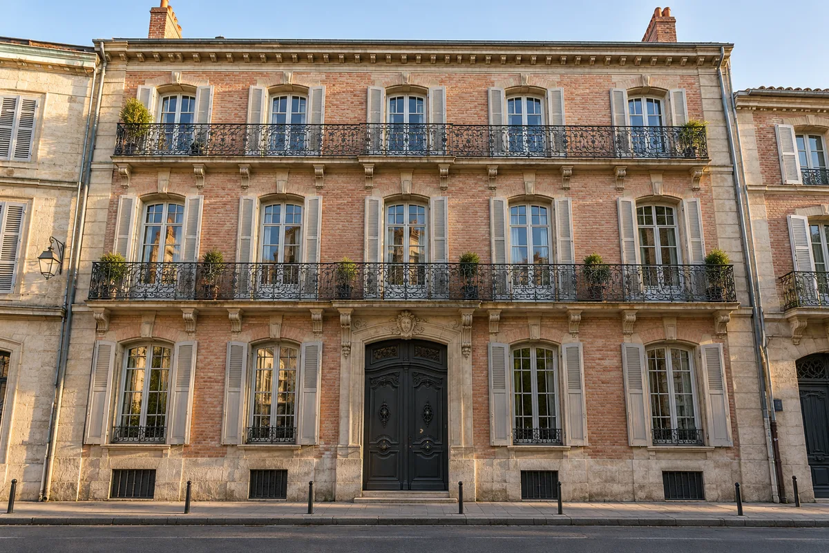 Façade en brique d&rsquo;un immeuble ancien avec balcons en fer forgé