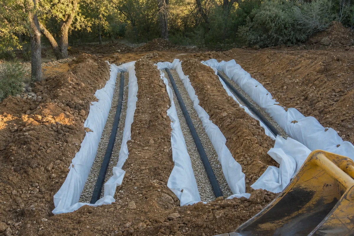Tranchées d&rsquo;épandage en cours de terrassement dans un terrain arboré du sud-ouest