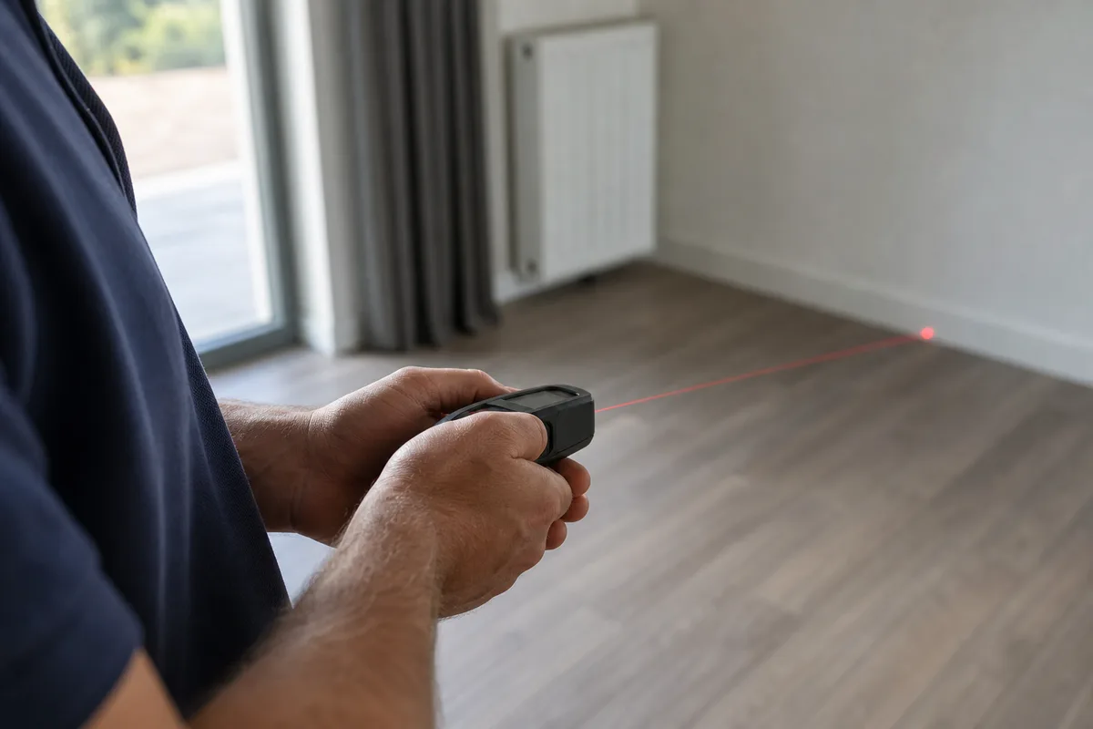 Diagnostiqueur relevant la superficie privative d&rsquo;un séjour avec un télémètre laser
