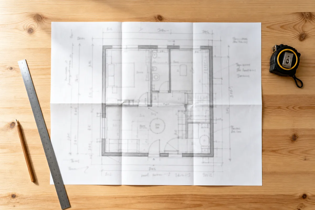 Plan d&rsquo;appartement annoté avec cotes et mètres carrés posé sur une table de travail