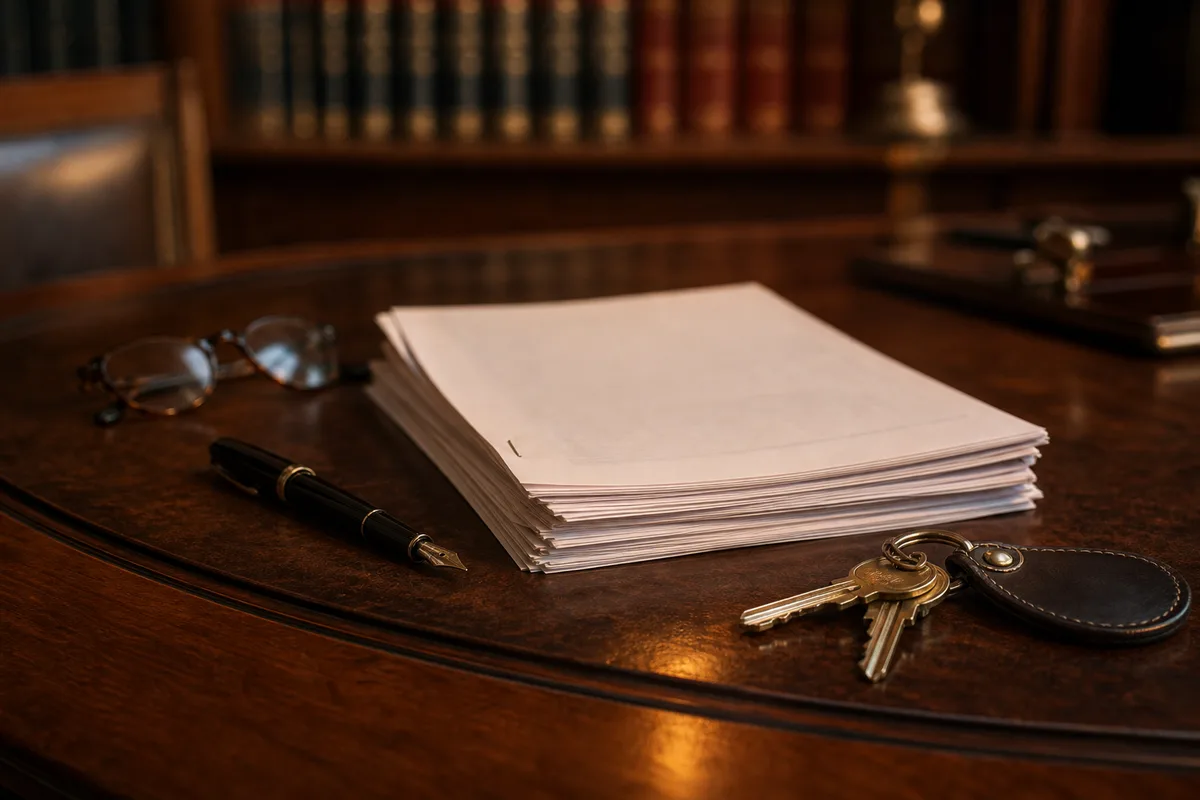 Acte de vente et attestation de superficie posés sur un bureau de notaire