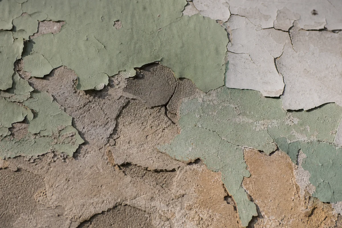 gros plan sur une peinture ancienne écaillée sur un mur intérieur d&rsquo;une maison du xxe siècle