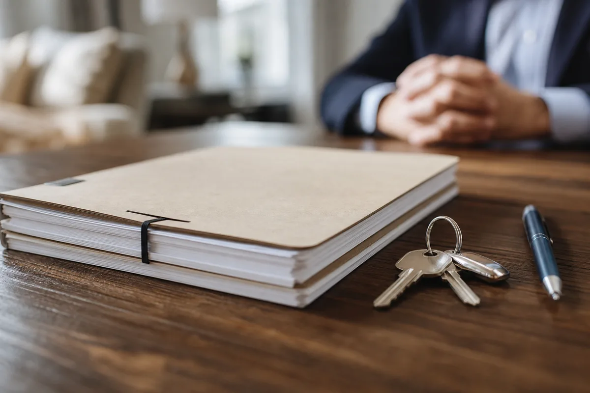 dossier de diagnostics techniques et clés posés sur une table lors d&rsquo;une signature immobilière