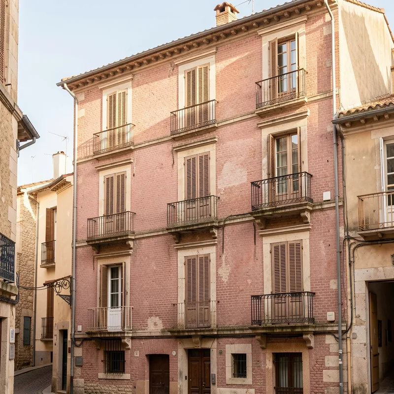 Façade d&rsquo;un immeuble d&rsquo;habitation ancien en briques roses dans un centre-ville du sud-ouest