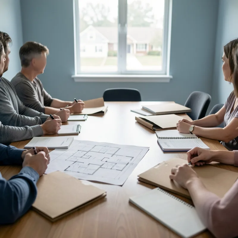 Assemblée générale de copropriété autour d&rsquo;une table, plans et documents techniques étalés