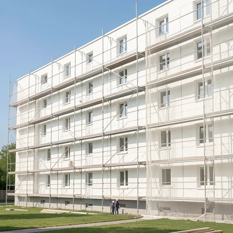Chantier d&rsquo;isolation thermique par l&rsquo;extérieur sur un immeuble collectif sous échafaudage