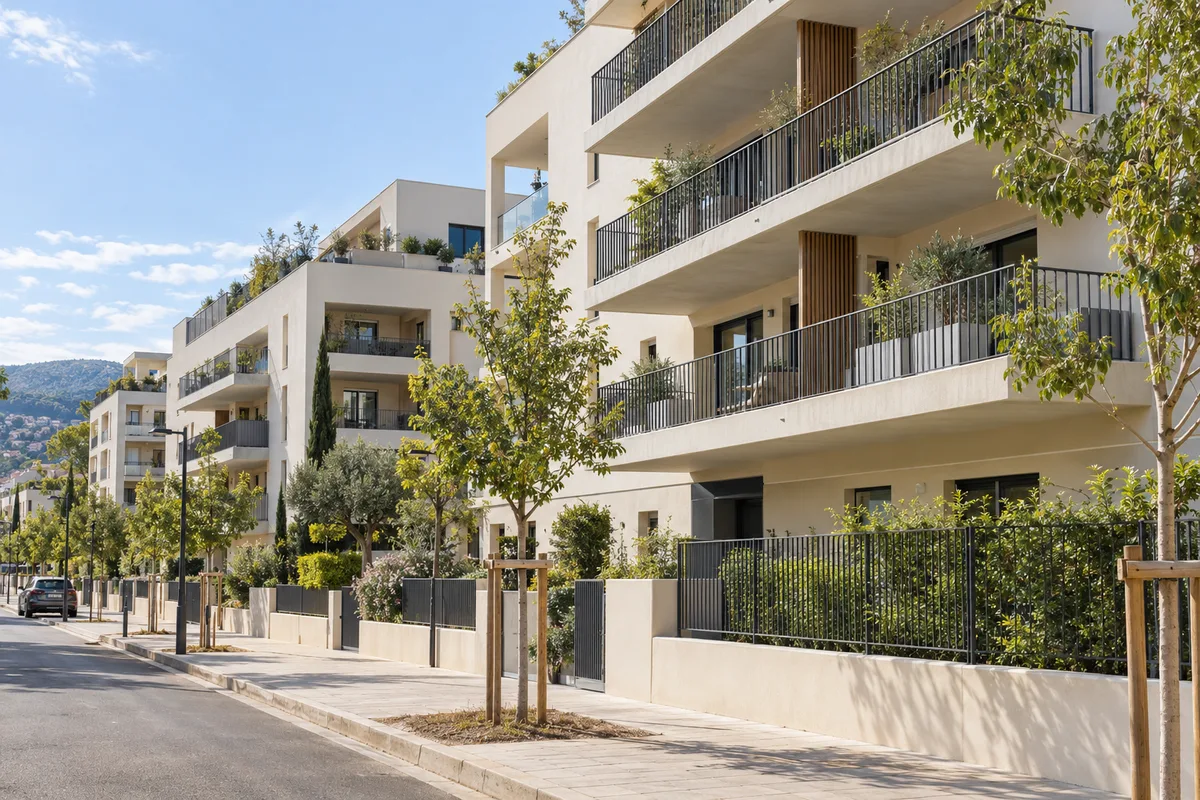 Façades d&rsquo;immeubles d&rsquo;habitation récents vues depuis la rue sous un ciel clair