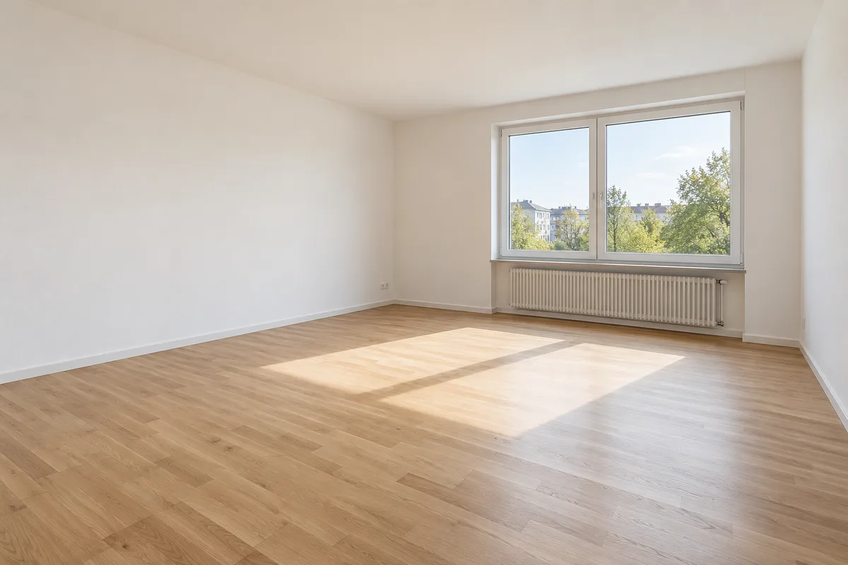 Salon vide d&rsquo;un appartement lumineux avec parquet et grande fenêtre