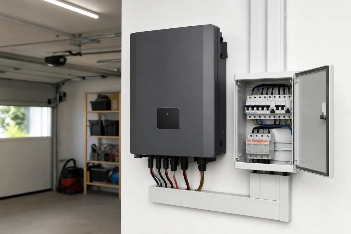 Onduleur et coffret de protection fixés sur le mur d&rsquo;un garage résidentiel