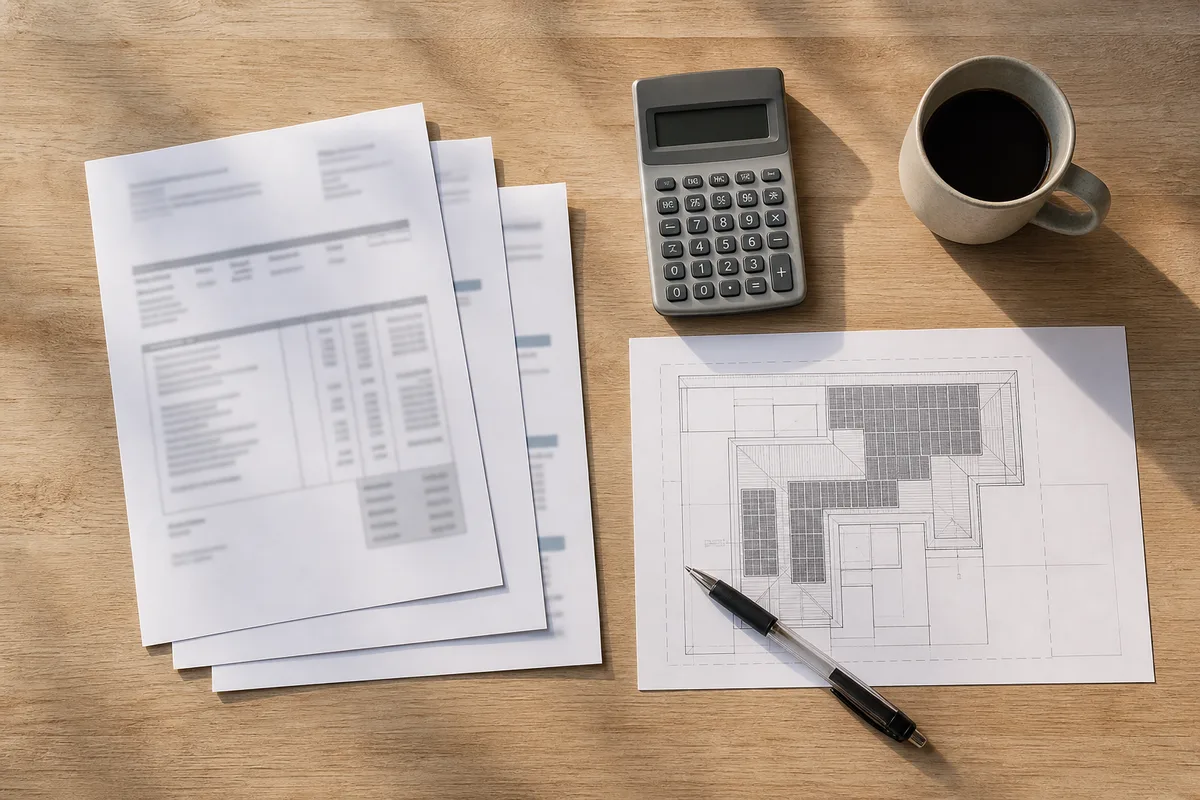 Devis de travaux photovoltaïques posé sur une table avec calculatrice et plans de toiture